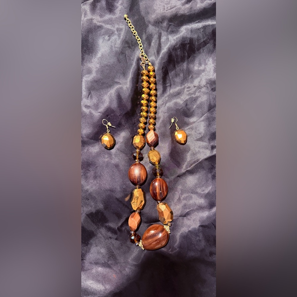 Elegant Brown Beaded Necklace and Earring Set